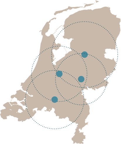 Kaart van Nederland met vier locaties